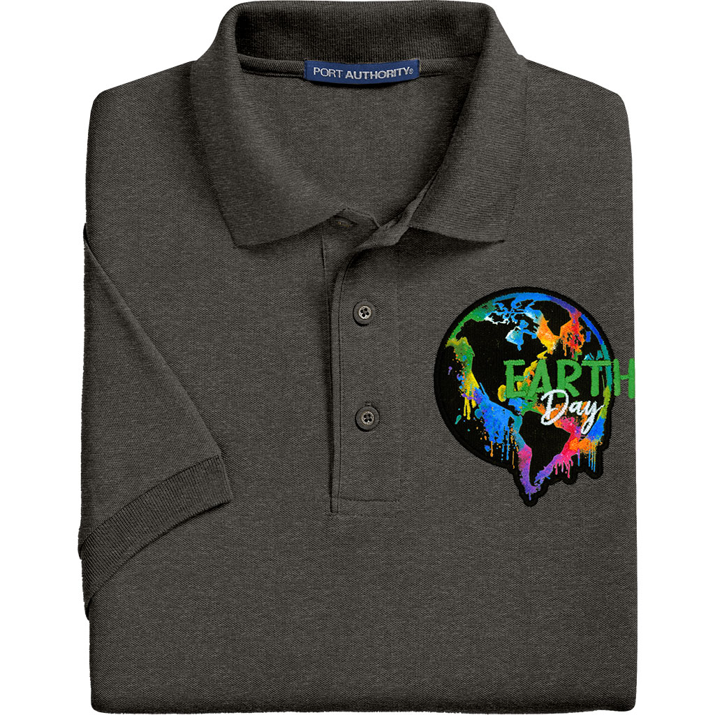 Polo shirt with watercolor Earth Day applique patch